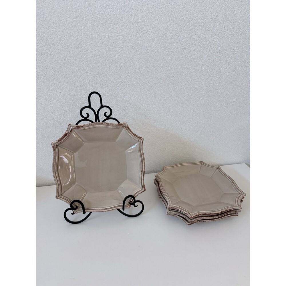 Bizzirri Barocco Dinner Plates ~11" Square Set (4) Ceramic Handmade Italy Taupe